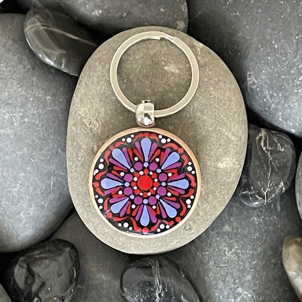 Hand Painted Keyring Mandala Acrylic Painting on Wood Original & Unique
