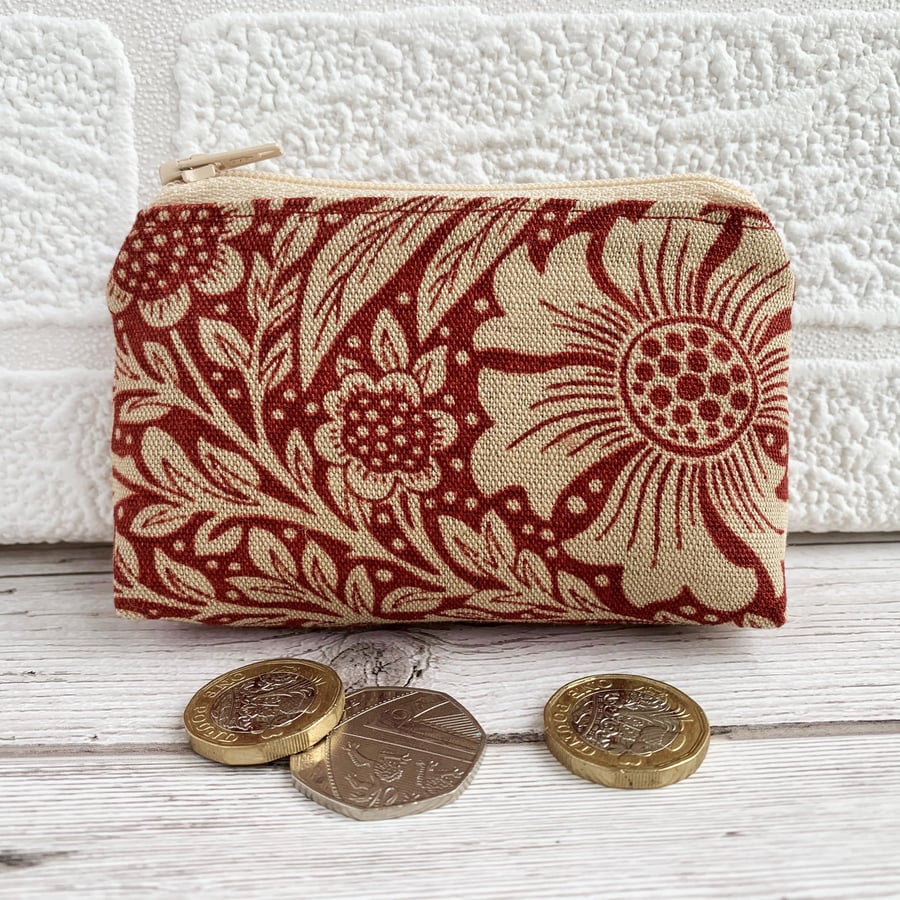 SOLD - Small purse, coin purse with red and cream floral pattern