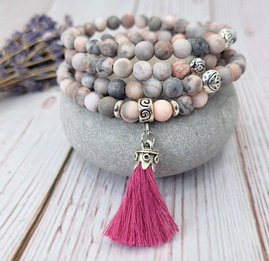 Wrap Mala Bracelet, Pink Zebra Mala, Women's Yoga Gift, 108 Mala Beads