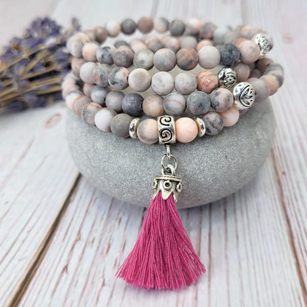 Wrap Mala Bracelet, Pink Zebra Mala, Women's Yoga Gift, 108 Mala Beads