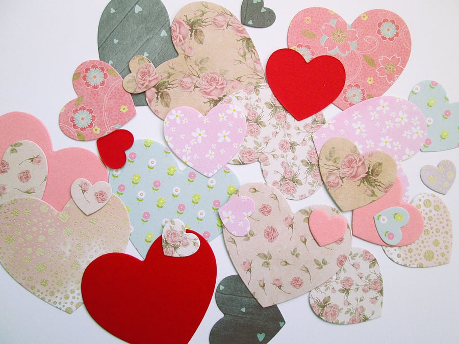 3 sizes of assorted heart die cuts, card making embellishments or card toppers