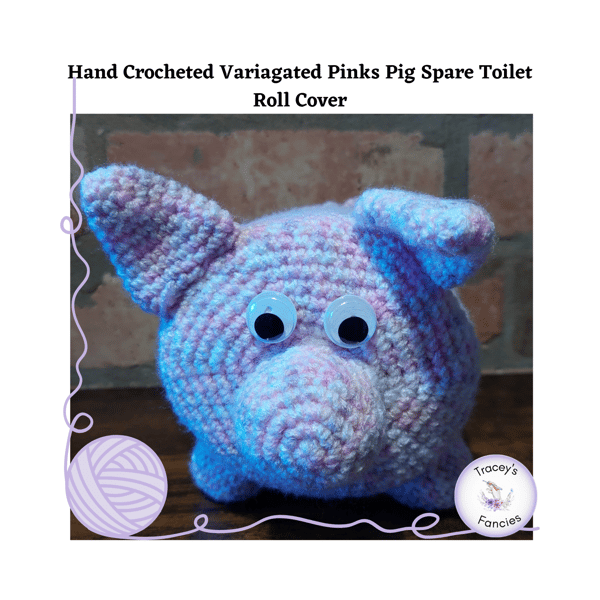 Hand crocheted pink pig novelty spare toilet roll cover 