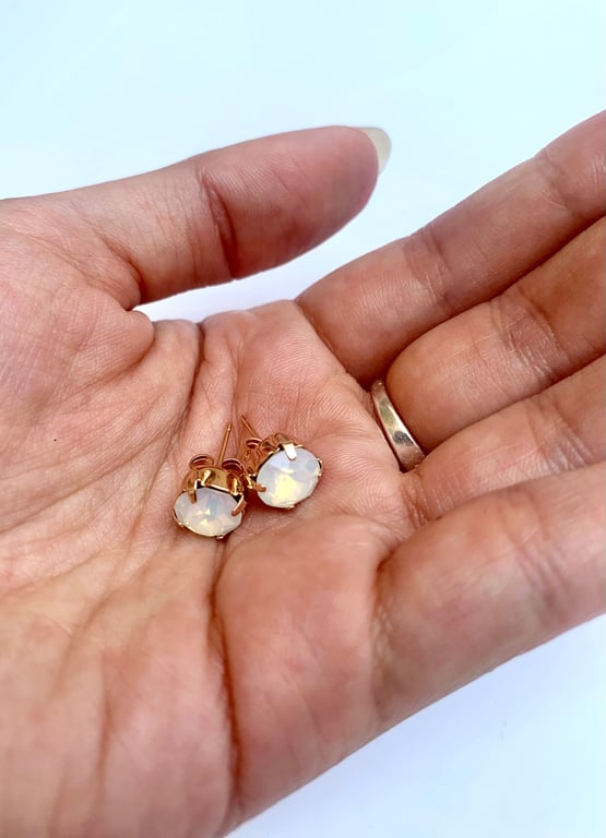 White Opal Swarovski Crystal Stud Earrings, 8mm Rose Gold Plated