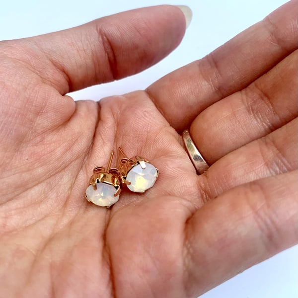 White Opal Swarovski Crystal Stud Earrings, 8mm Rose Gold Plated