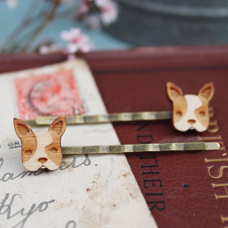 Wooden French Bulldog Hair Grips