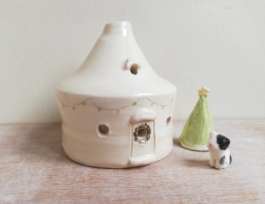 Handmade ceramic Christmas house tea light - pottery candle holder gift