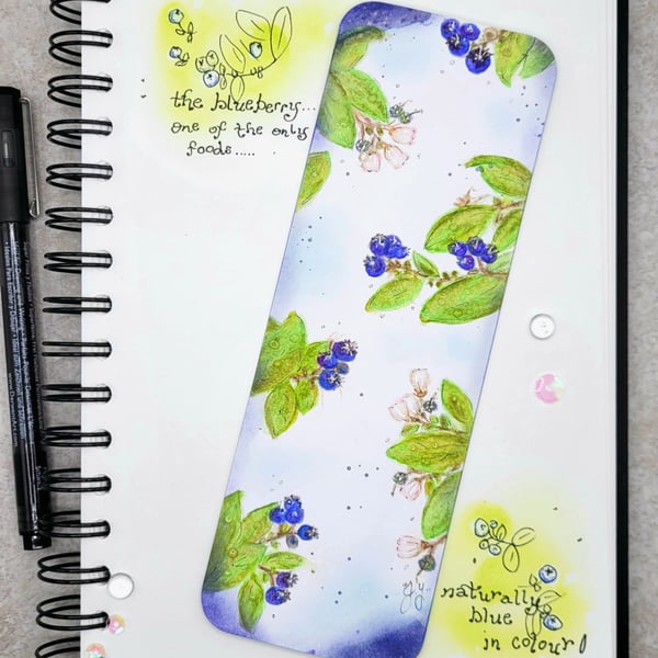 Blueberry Bookmark - handpainted, blueberries, leaves, gift, handmade