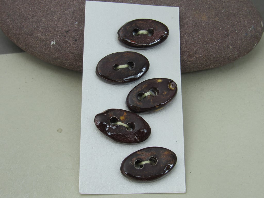 5 Small Oval Dark Copper Ceramic Buttons