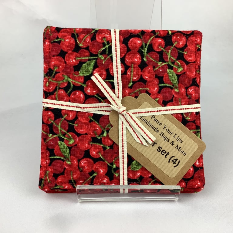 Cherries coasters, Set of 4 cherry fabric coasters, Handmade