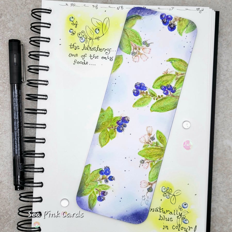 Blueberry Bookmark - handpainted, original art, blueberries, leaves, gift