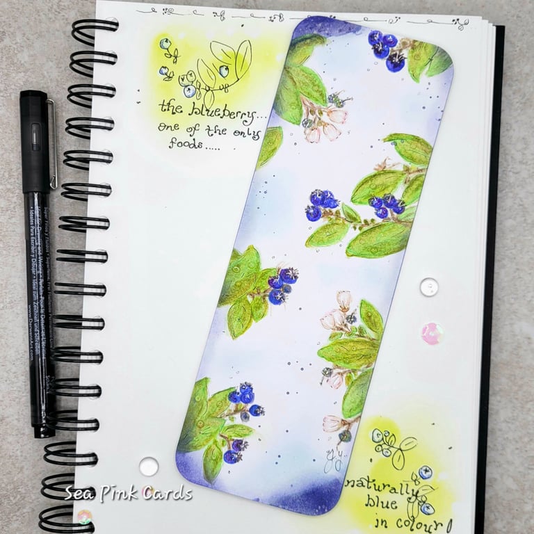 Blueberry Bookmark - handpainted, original art, blueberries, leaves, gift