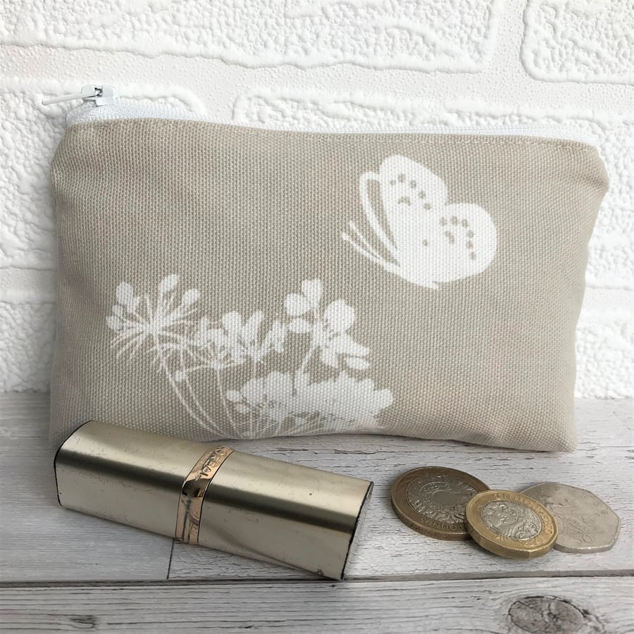 Large purse, coin purse in beige with cream butterfly and cow parsley