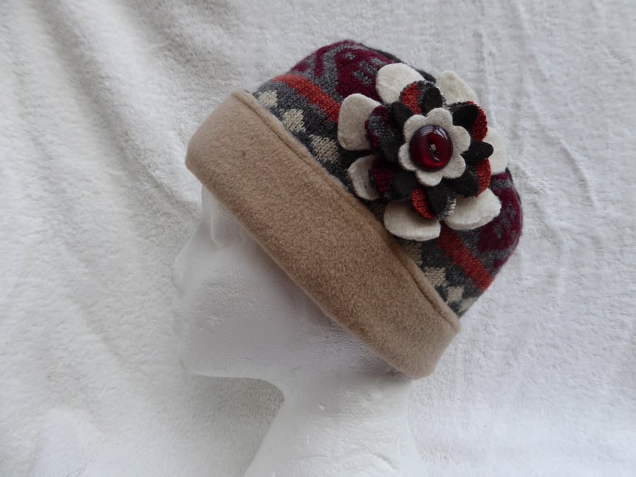 Wool Hat Created from Up-cycled Sweaters. Browns and Beige