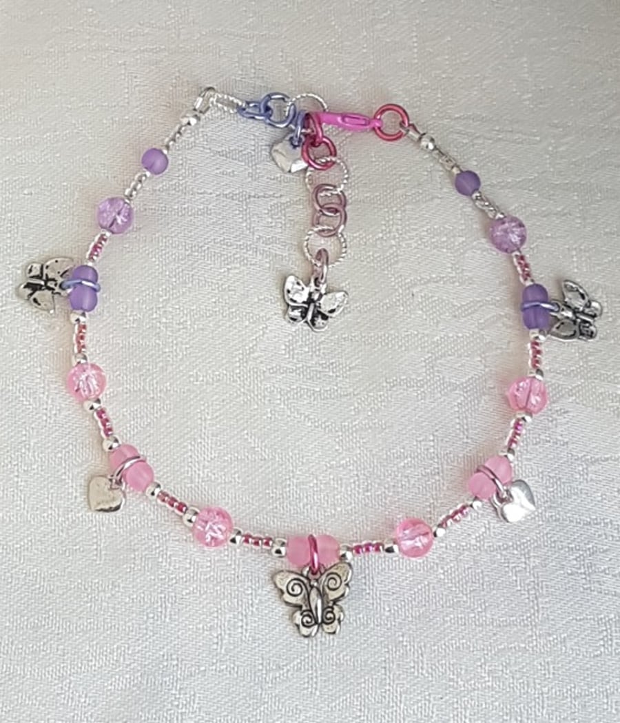 Gorgeous Hearts and Butterflies Pink tones Anklet