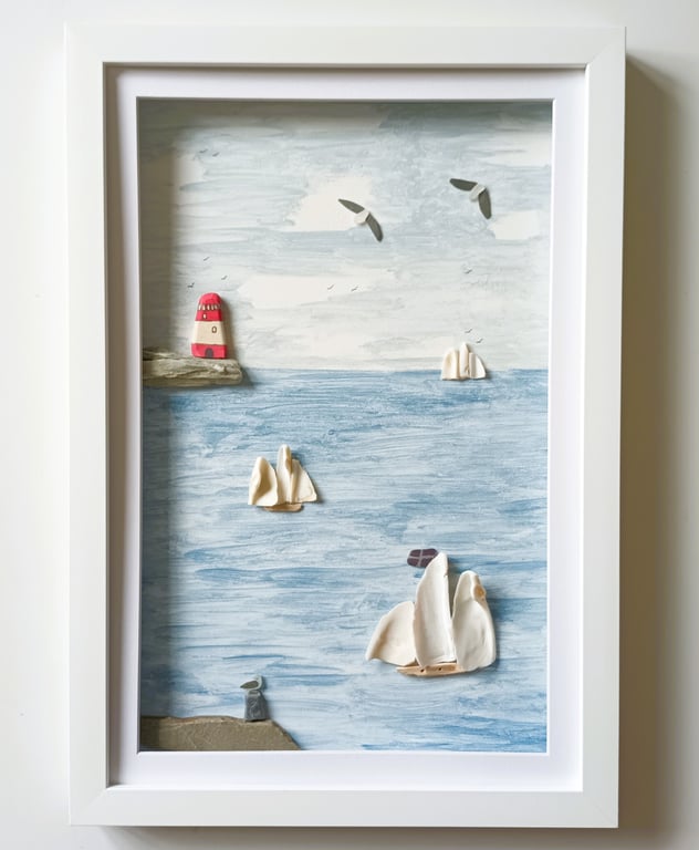 Coastal Wall Art, Tall Ships and Lighthouse, Beachcombed Art, Made in Cornwall