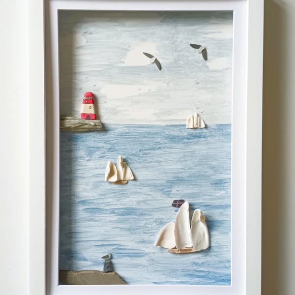 Coastal Wall Art, Tall Ships and Lighthouse, Beachcombed Art, Made in Cornwall