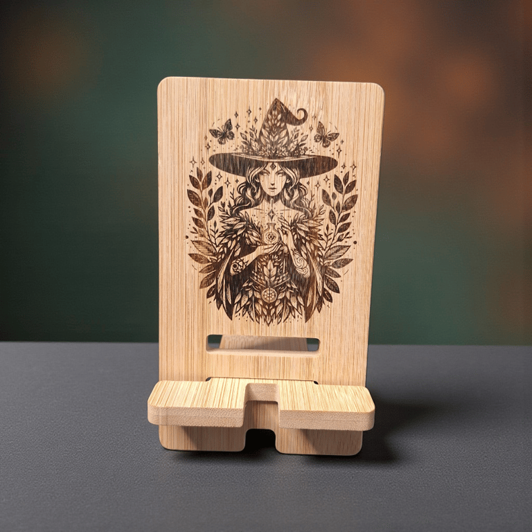 Witch Bamboo Phone Holder – Magical Engraved Bamboo Phone Stand