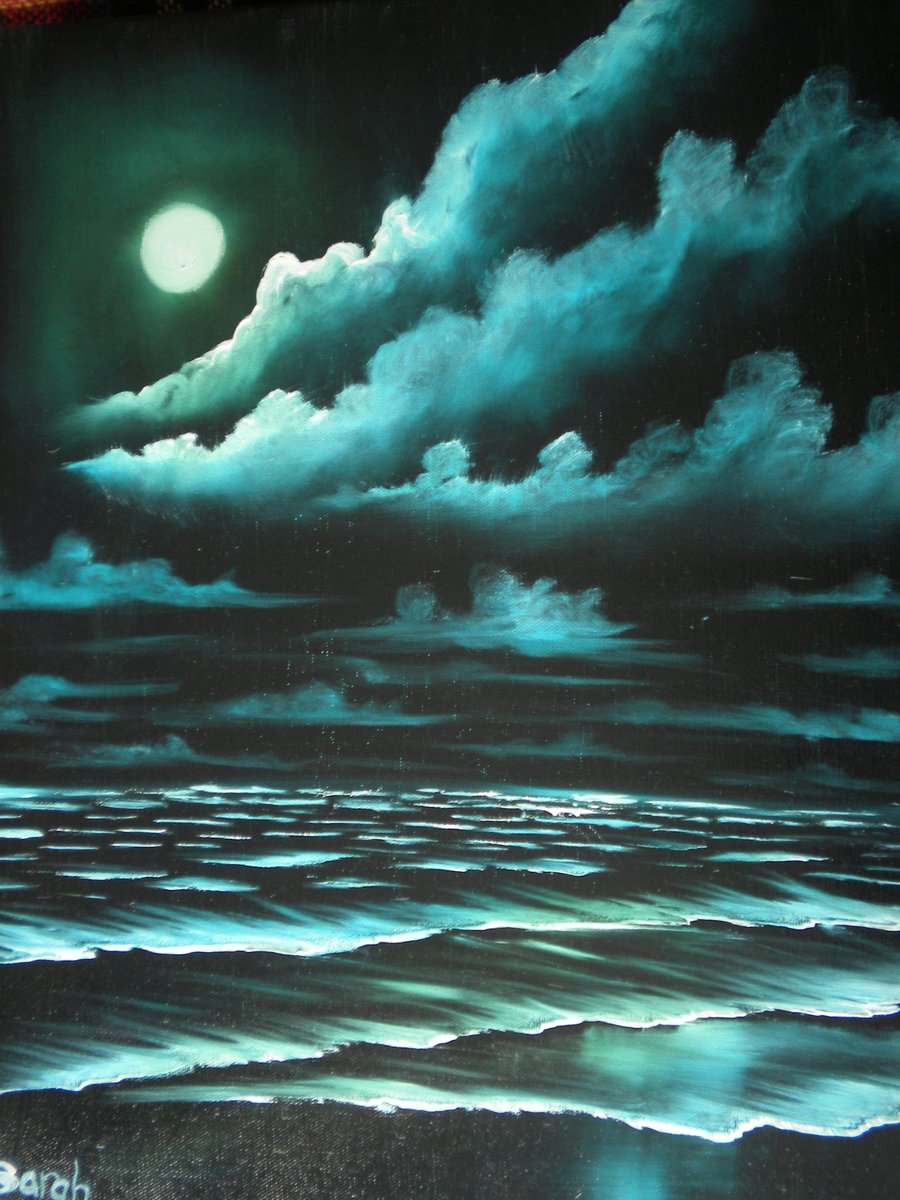 Turquoise Moonlight Beach Original Oil Painting
