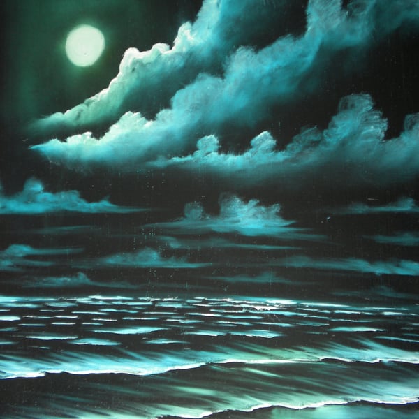 Turquoise Moonlight Beach Original Oil Painting