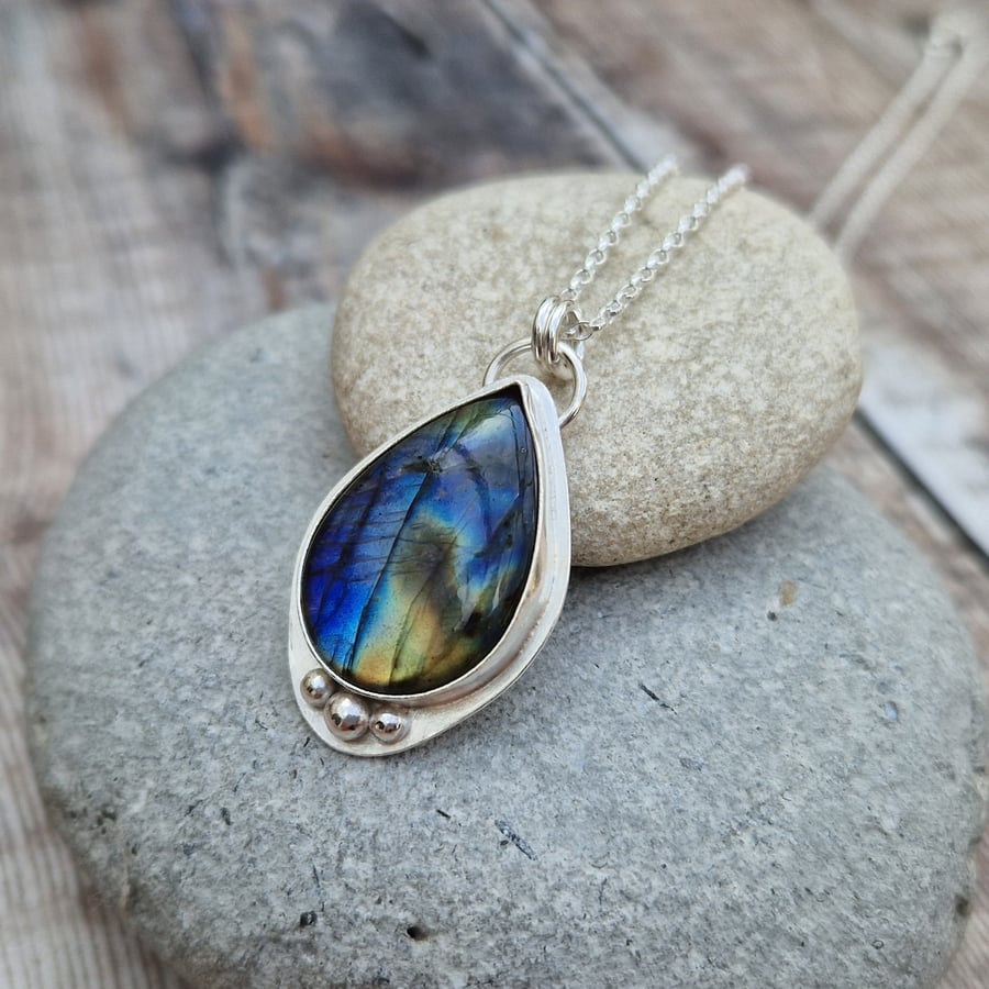 Labradorite Gemstone Statement Sterling Silver Teardrop Pendant Necklace