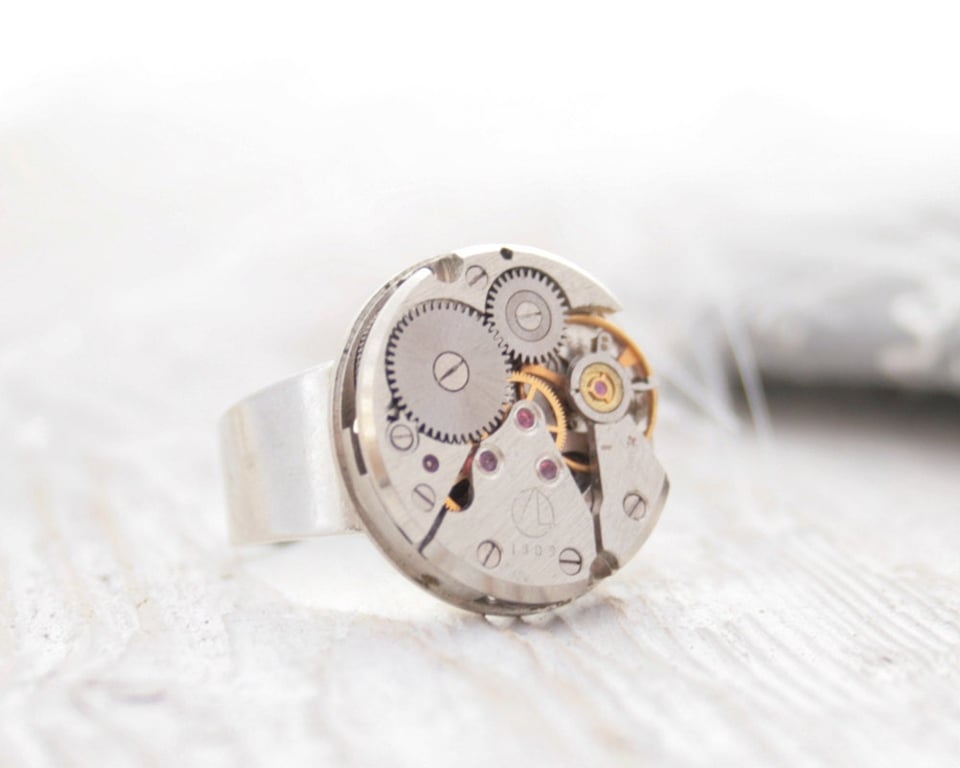 Mens Steampunk Ring with Real Antique Watch Work, Clockwork Signet Ring