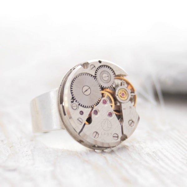 Mens Steampunk Ring with Real Antique Watch Work, Clockwork Signet Ring