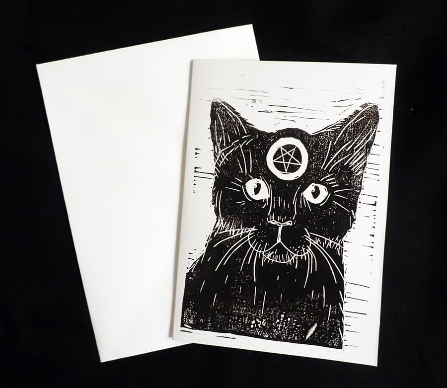 Witch's Black Cat, Alternative Greeting Card, Lino print, Black, White, A6 Print