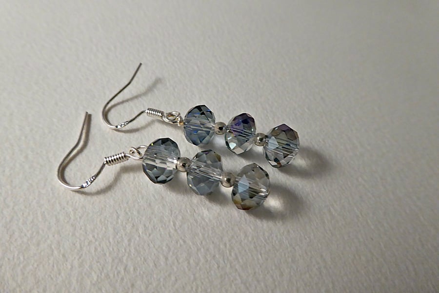 Crystal Drop Earrings, Sterling Silver. Czech AB Crystals in Silvery Blue