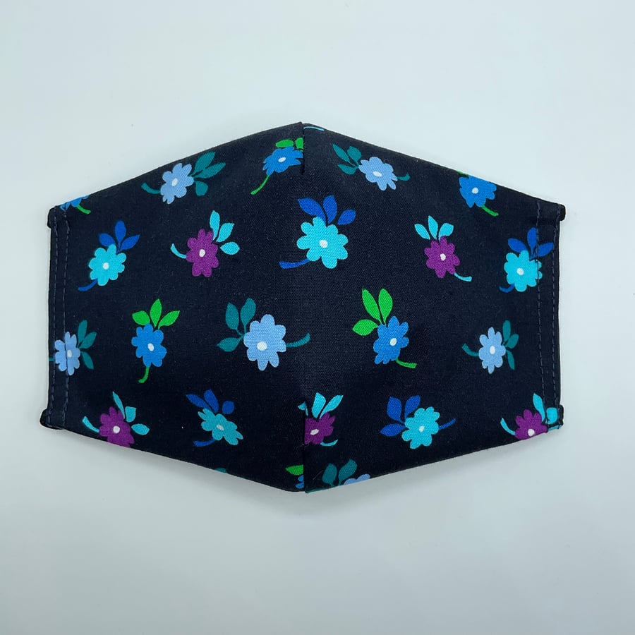 Floral Midnight Blue Triple Layered Face Mask. Double Sided. 100% Cotton Fabric.
