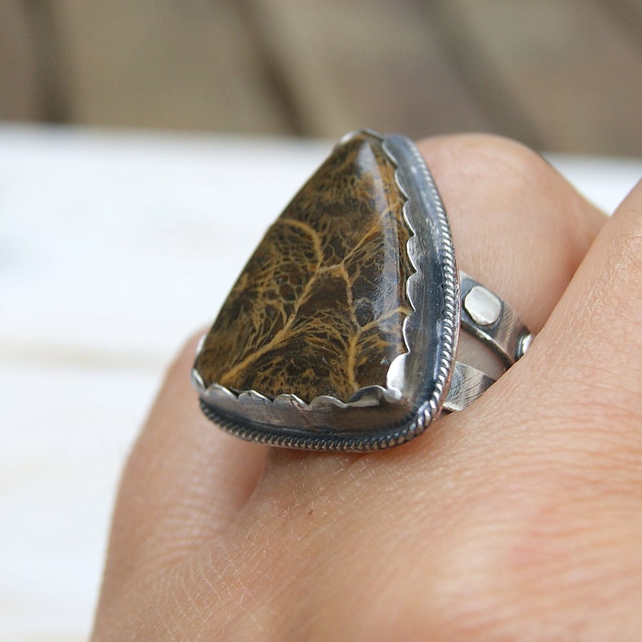 Large Sterling Silver Ring, Fossil Coral Ring, Brown Gemstone Rustic Jewellery