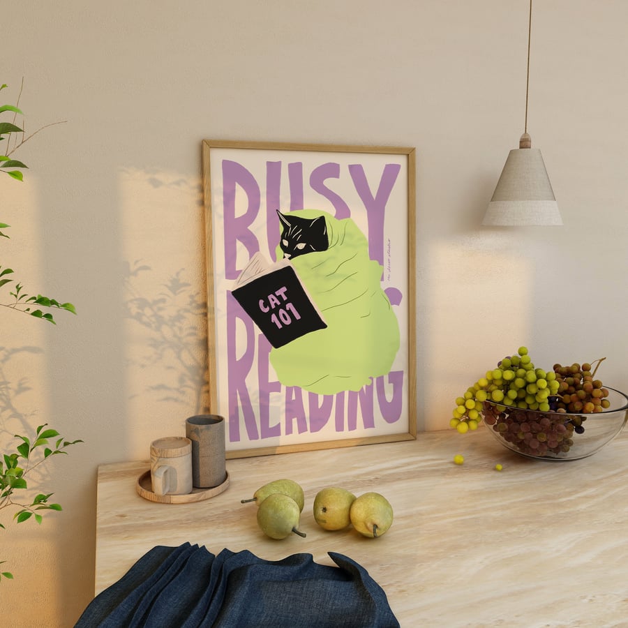 Busy Reading Cat Print Poster