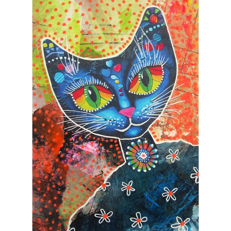 Whimsical Blue Cat Painting Quirky Feline Small Art Gift for Kitten Kitty Lovers