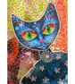 Whimsical Blue Cat Painting Quirky Feline Small Art Gift for Kitten Kitty Lovers
