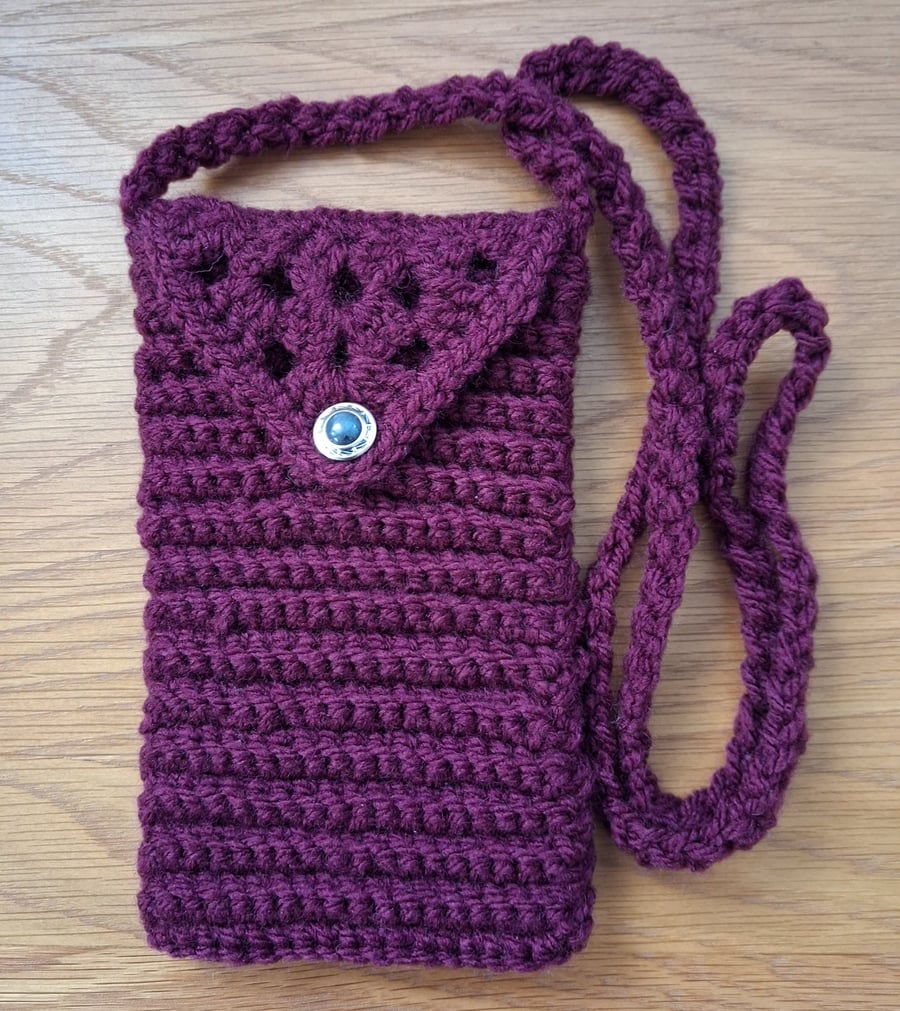 Crochet Dark Plum Colour Phone Or Glasses Sleeve With Button Closure (J199)