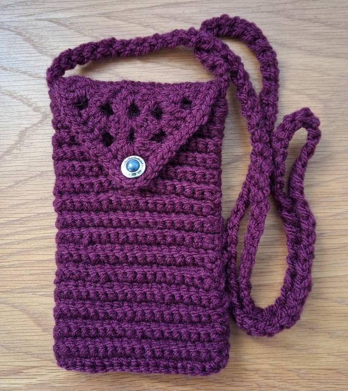 Crochet Dark Plum Colour Phone Or Glasses Sleeve With Button Closure (J199)