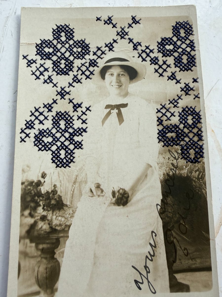 Image of Embroidered Vintage Postcard - Blue (cross titch floral pattern), hand stitched 