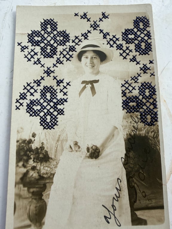 Embroidered Vintage Postcard - Blue (cross titch floral pattern), hand stitched 