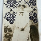 Embroidered Vintage Postcard - Blue (cross titch floral pattern), hand stitched 