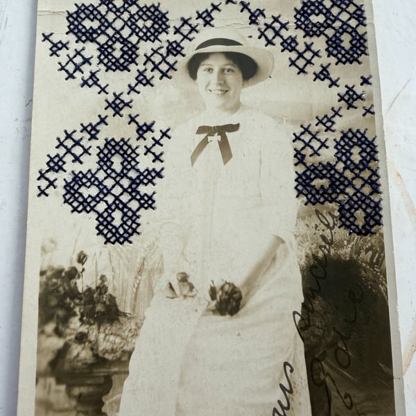 Embroidered Vintage Postcard - Blue (cross titch floral pattern), hand stitched 