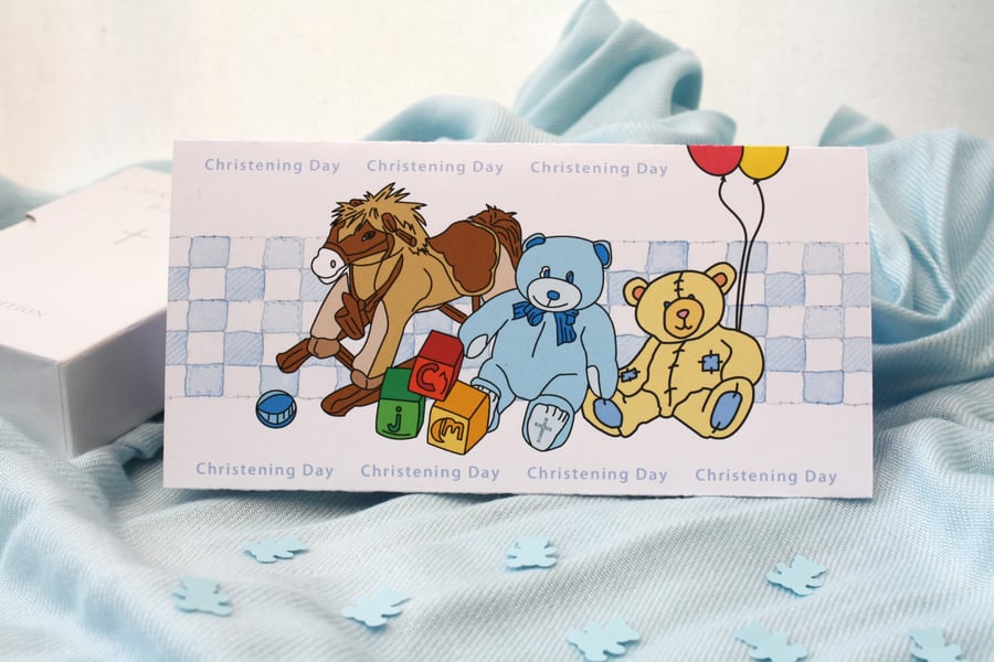 Christening Day Blue Table Decoration Keepsake with Teddy Bear Confetti