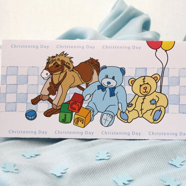 Christening Day Blue Table Decoration Keepsake with Teddy Bear Confetti