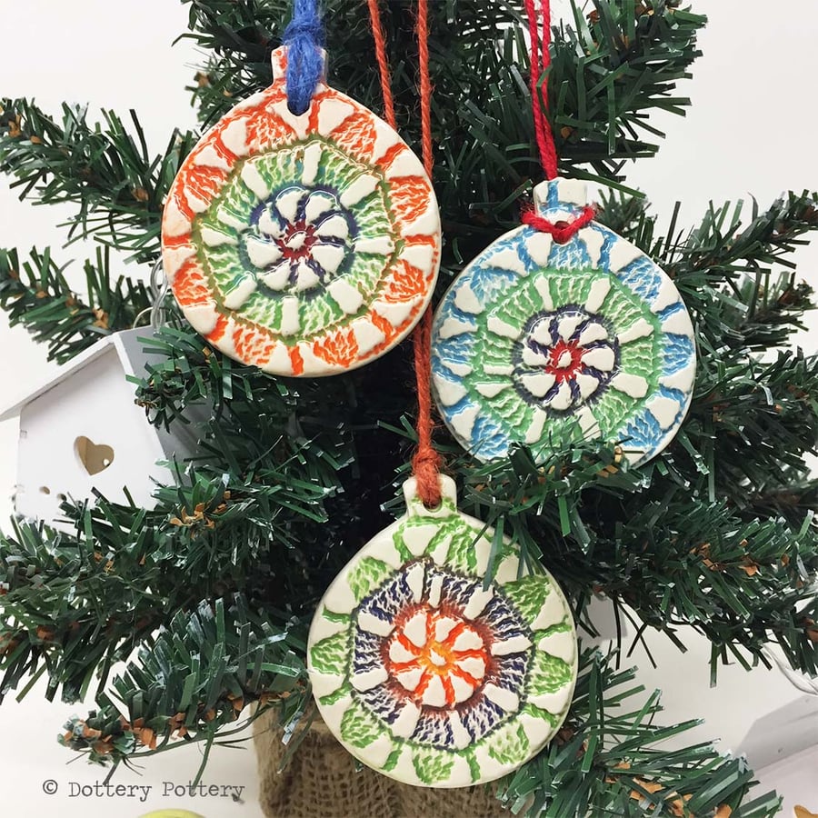 SALE Set of three Christmas decorations pottery baubles festival baubles