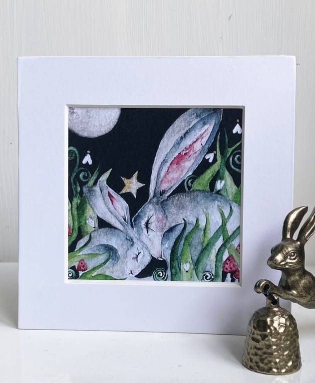 Mounted Print from my Original Resting Hares Rabbits in Moonlight Painting