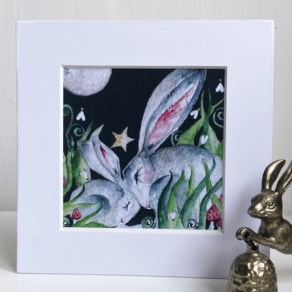 Mounted Print from my Original Resting Hares Rabbits in Moonlight Painting