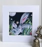 Mounted Print from my Original Resting Hares Rabbits in Moonlight Painting