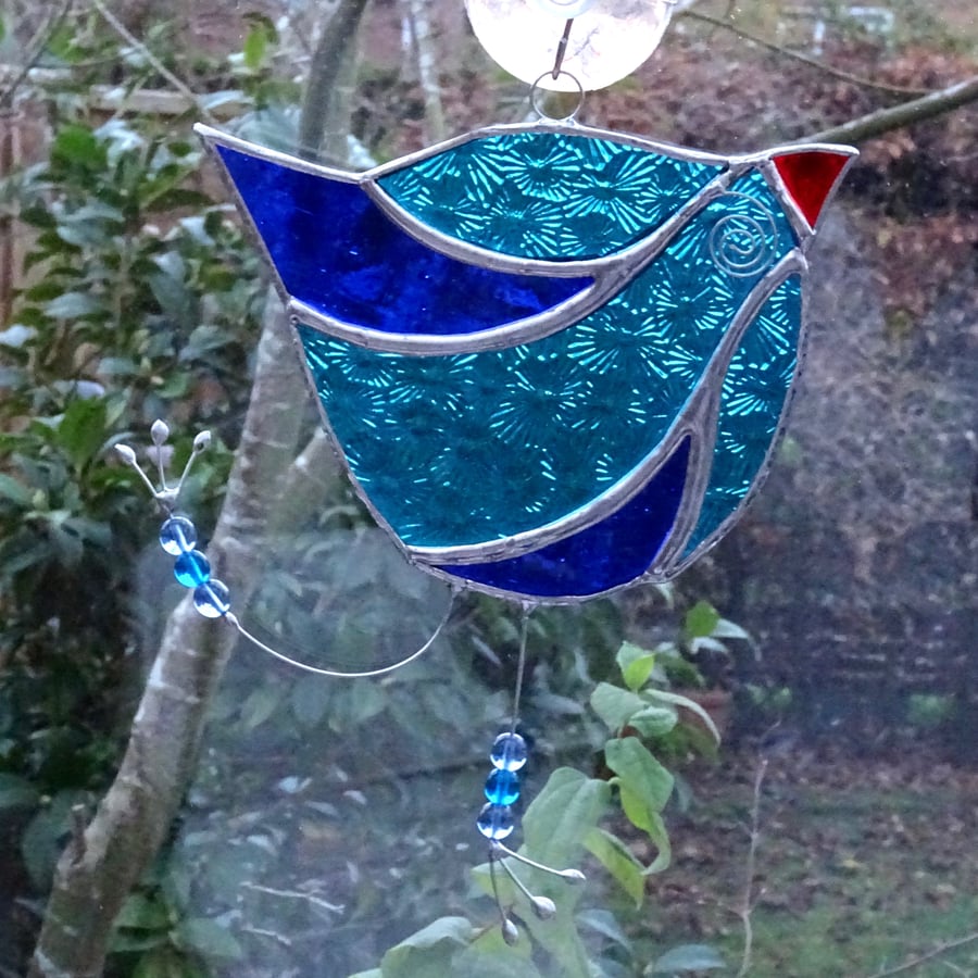 Stained Glass Funky Bird Suncatcher  - Blue and Turquoise  