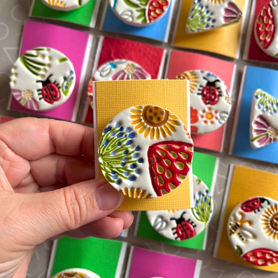 Handmade Summer Ceramic brooch, Hand Made Pottery Badge