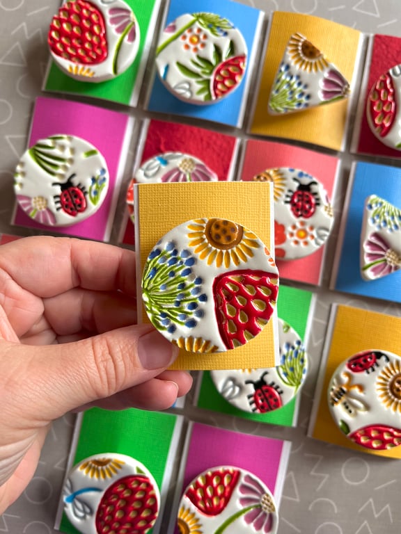 Handmade Summer Ceramic brooch, Hand Made Pottery Badge