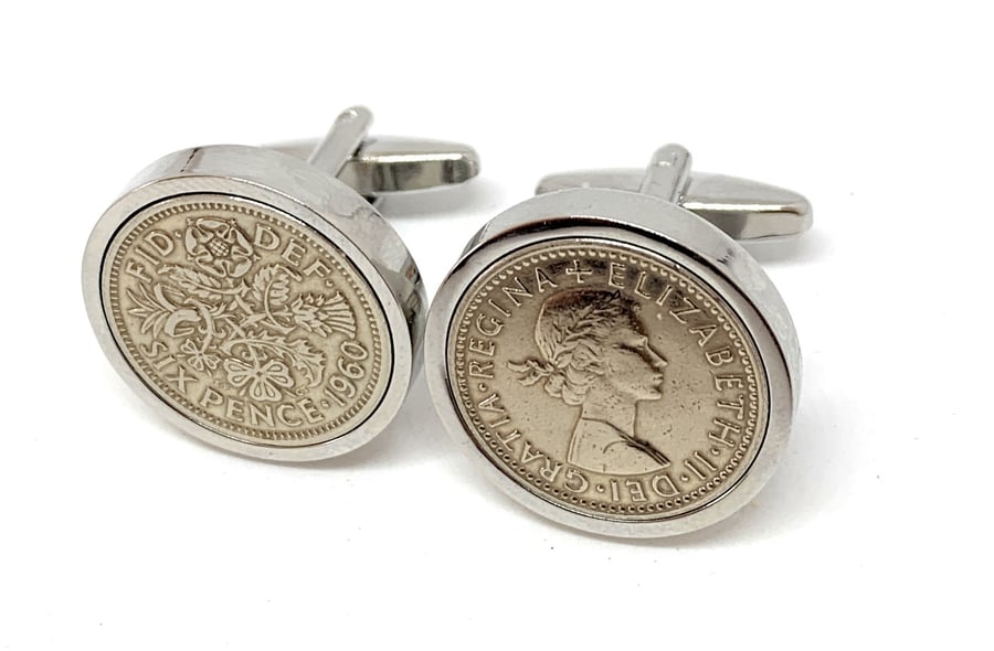 Premium 1960 Sixpence Cufflinks for a 65th birthday. British sixpences Cufflinks