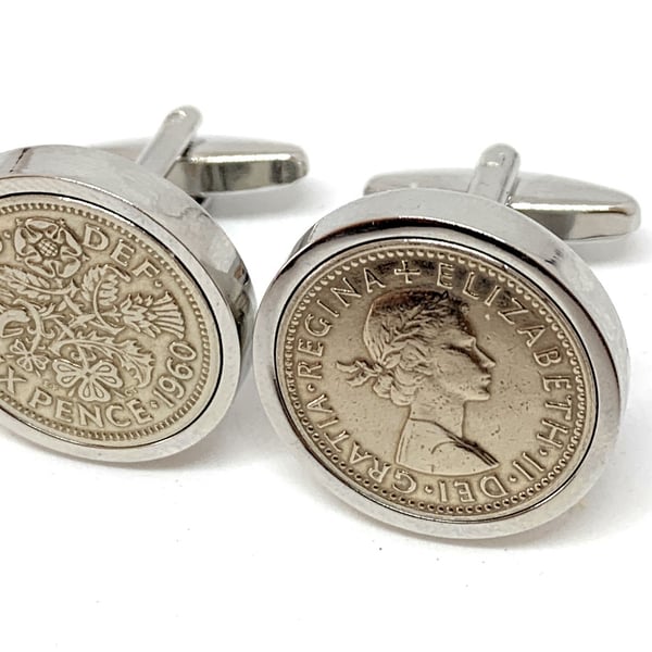 Premium 1960 Sixpence Cufflinks for a 64th birthday. British sixpences Cufflinks